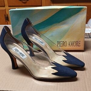 Piero Amore Spain Vintage Clear & Navy Blue Pointed Toe Heels Leather Sole 9 1/2